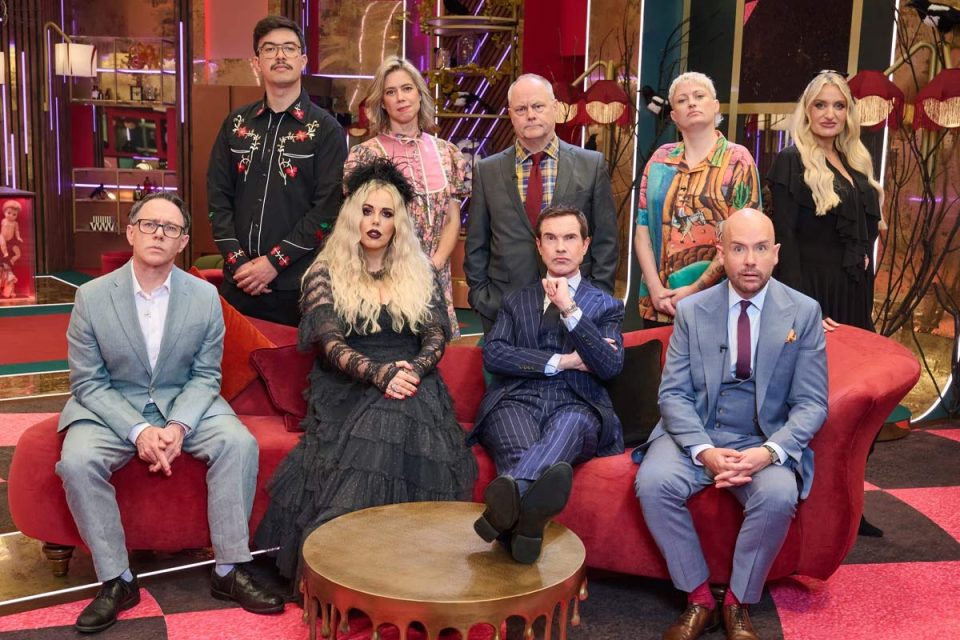 Jack Dee on the set of Last One Laughing Halloween special. Jack is stood with the other contestants and hosts.